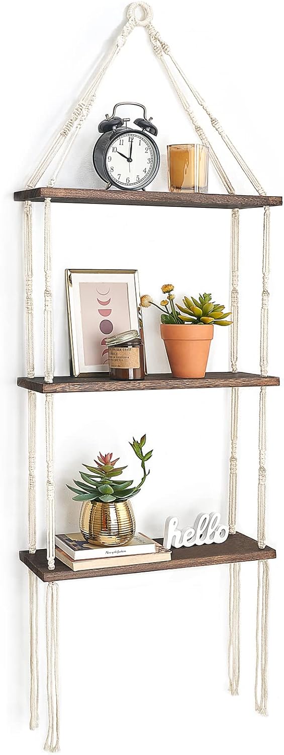 Macrame Wall Hanging Shelf 3 Tier Wood Floating Shelves