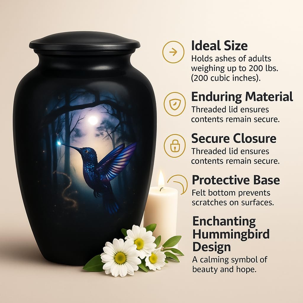 Premium Purple Aluminum Cremation Urn with Hummingbird Design 200 lbs