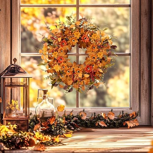 Artificial Fall Wreath 22 Inch Autumn Door Decor