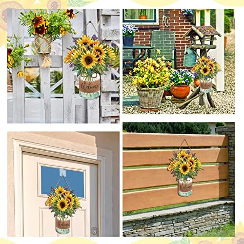 Shellwei Sunflower Welcome Door Sign Wooden Wreath