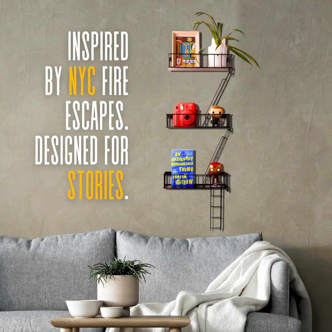 Fire Escape Wall Shelf with 3 Tiers - Black Metal Decor
