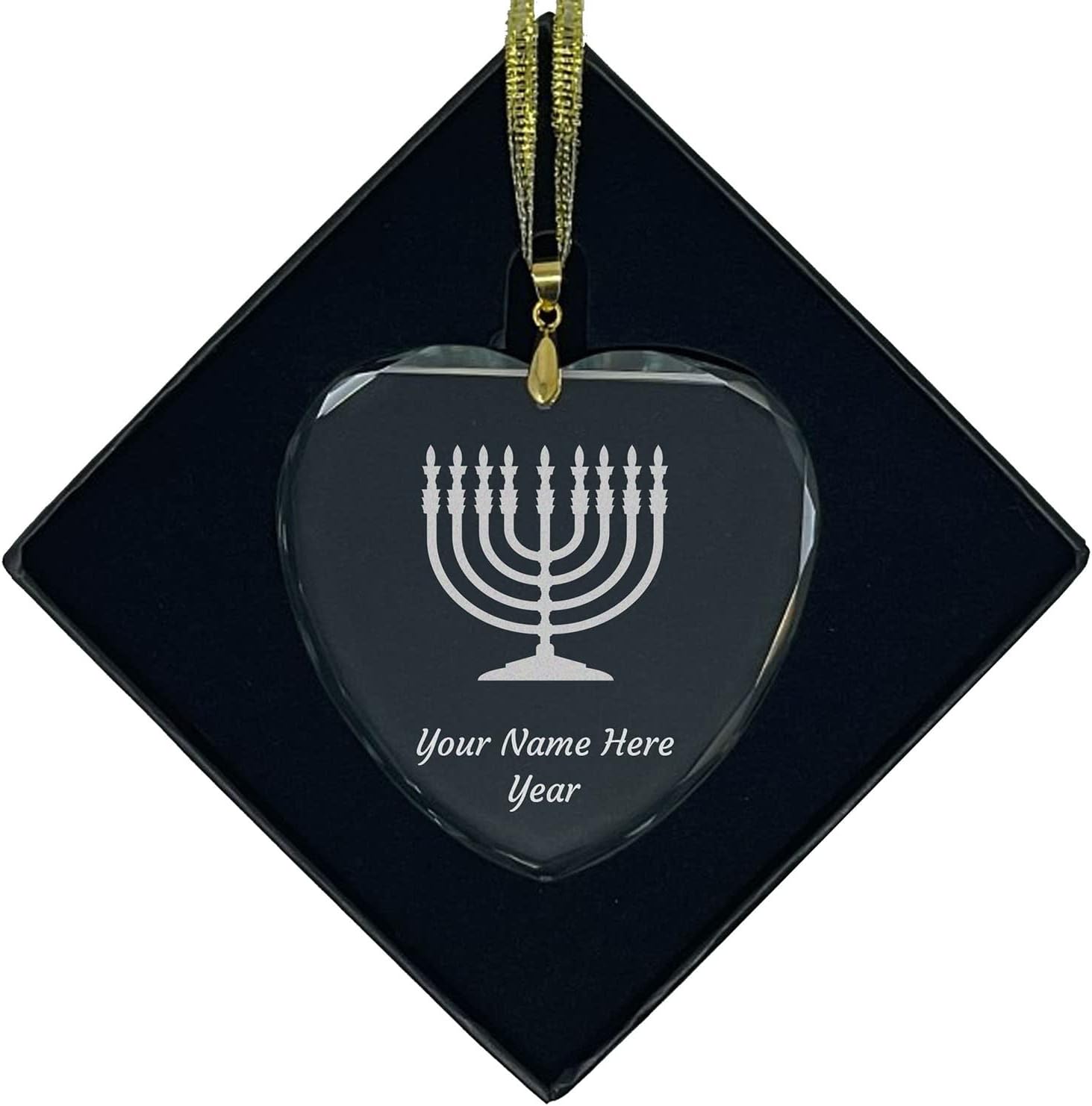 LaserGram Personalized Glass Christmas Ornament with Heart Shape and Menorah Design