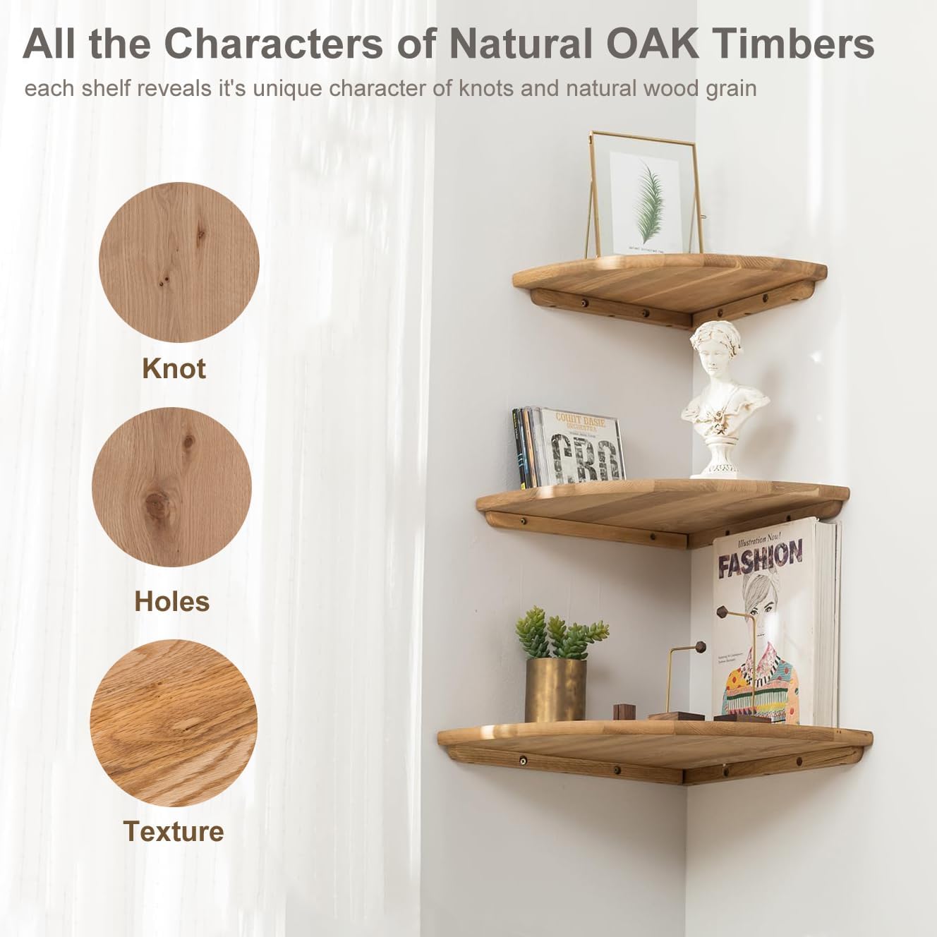 Conamily 7 Inch Solid Oak Floating Corner Shelf
