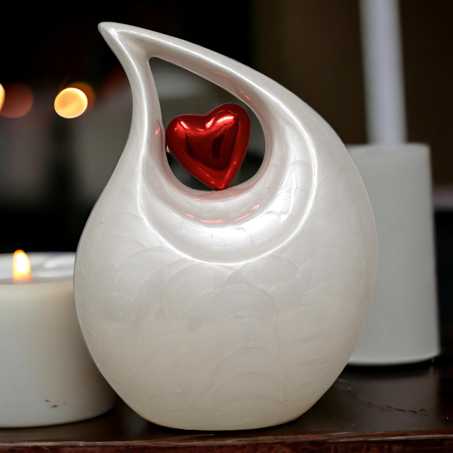 Pearl White Teardrop Cremation Urn with Heart Design
