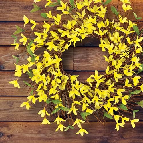 Collections Etc Spring Forsythia Floral Door Wreath in Pink