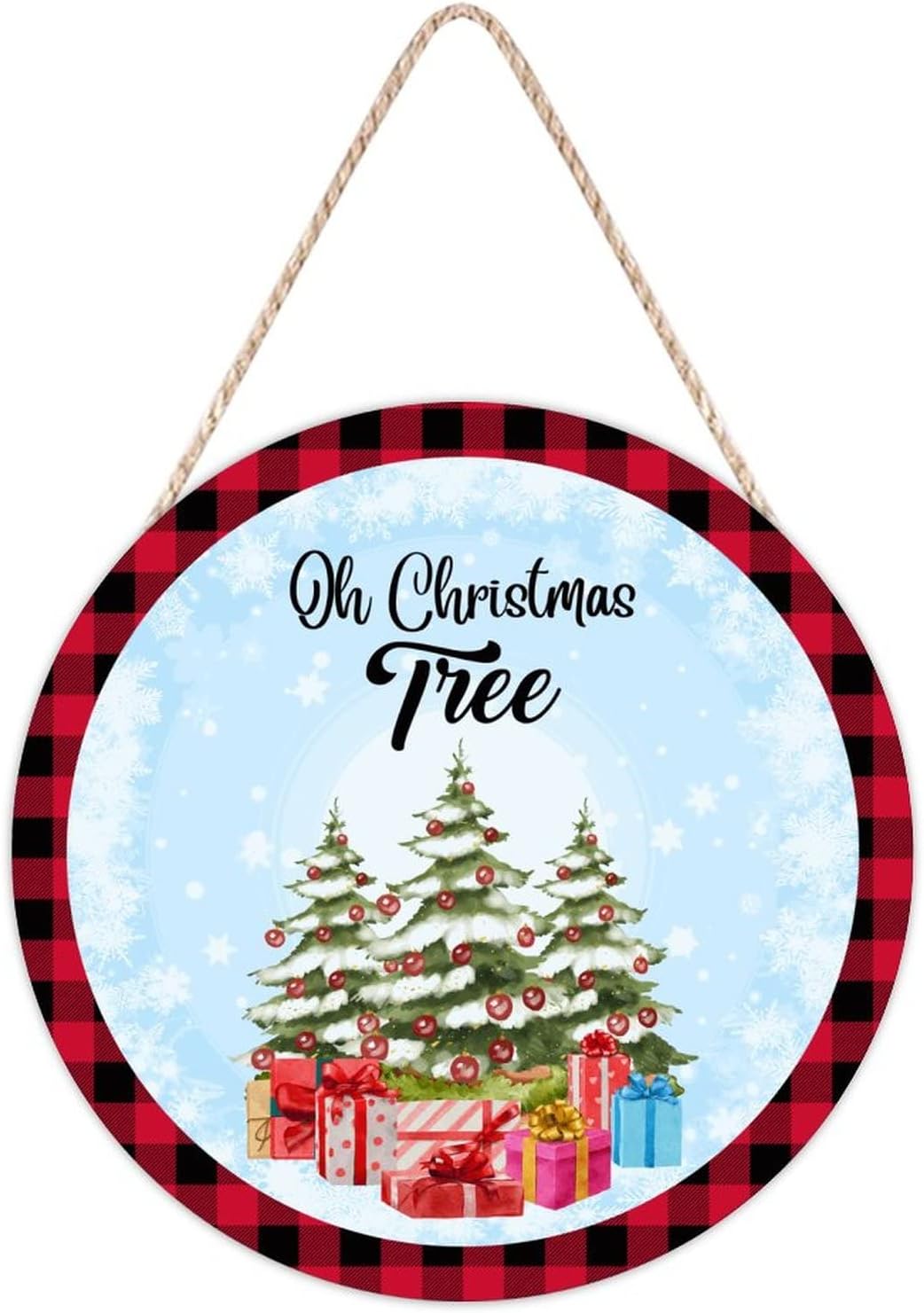 Farmhouse Front Door Hanger with Red Buffalo Plaid Wood Sign 10x10in