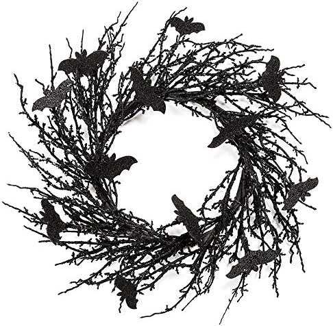 18 Inch Black Bat Wreath with Glitter Halloween Decor