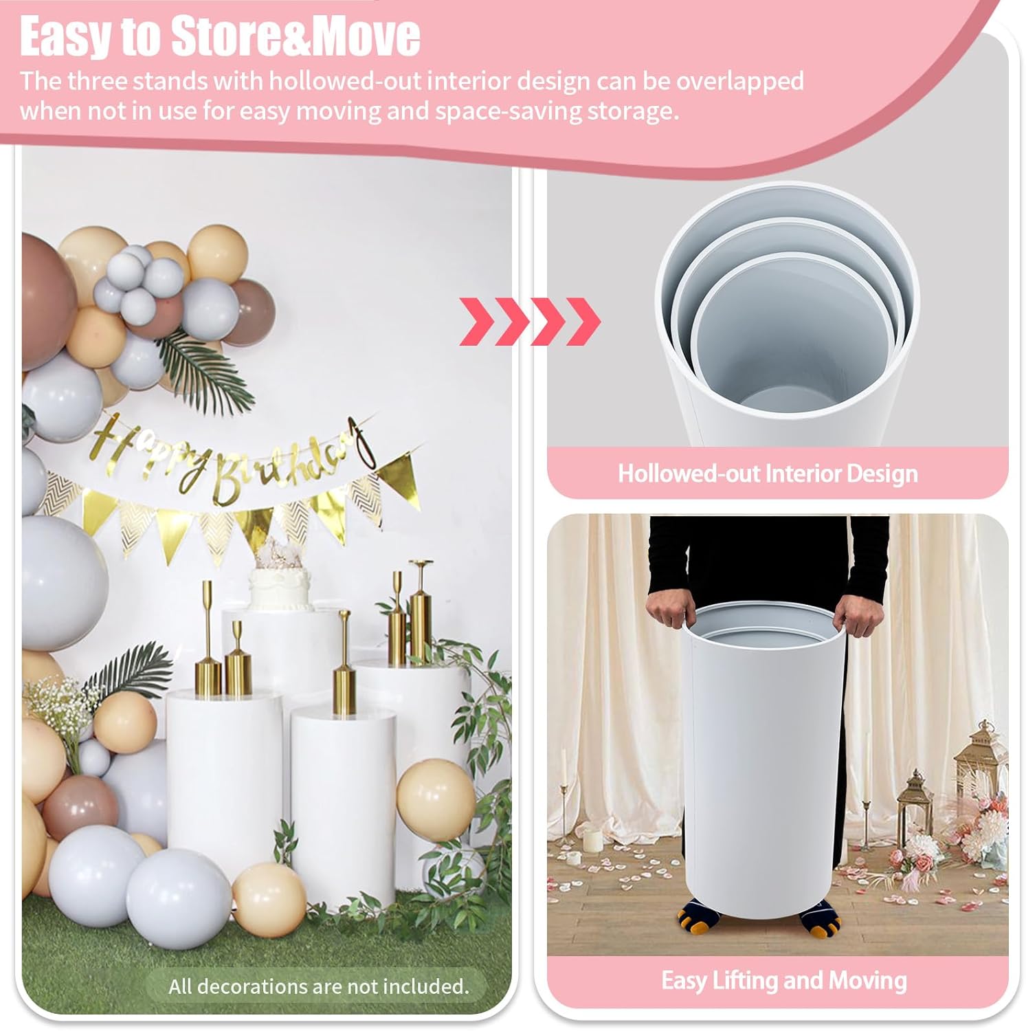 3Pcs Cylinder Pedestal Stand for Party Decor - White
