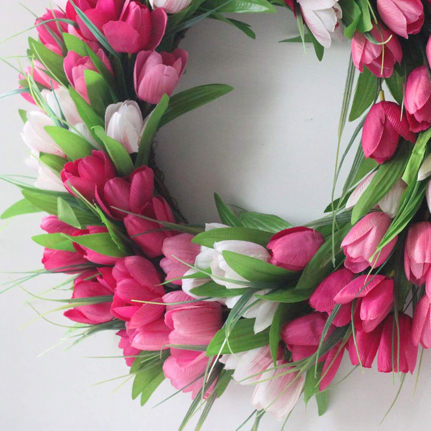 IUIBMI 20 Inches Artificial Door Wreath with Pink Tulips
