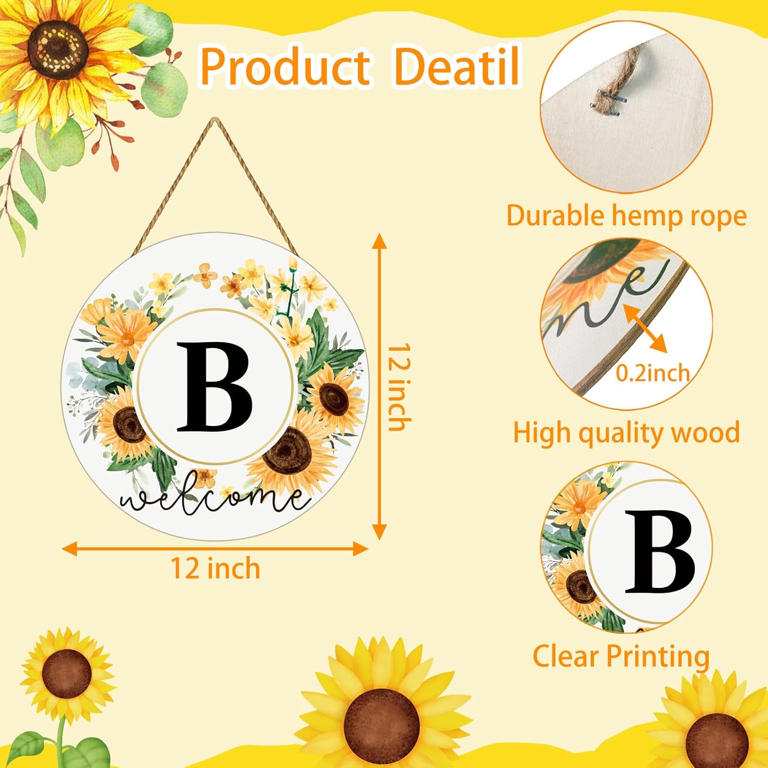 Sunflower Monogram Letter B Wreath Welcome Sign