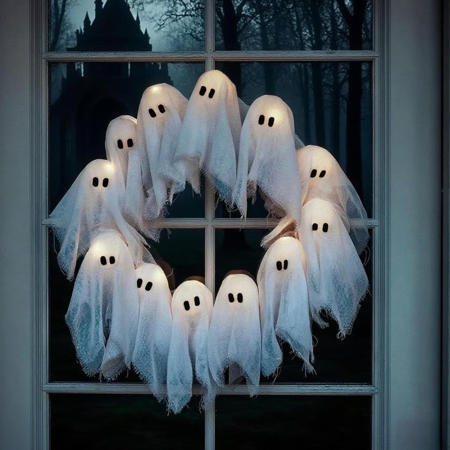 Lit Ghosts Wreath Halloween Decor Front Door