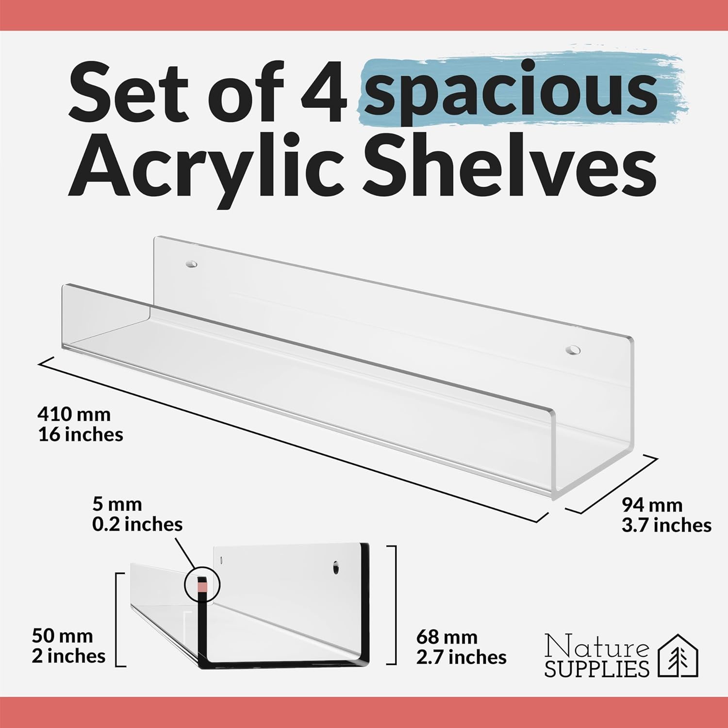 NATURE SUPPLIES Clear Floating Shelves Set of 4
