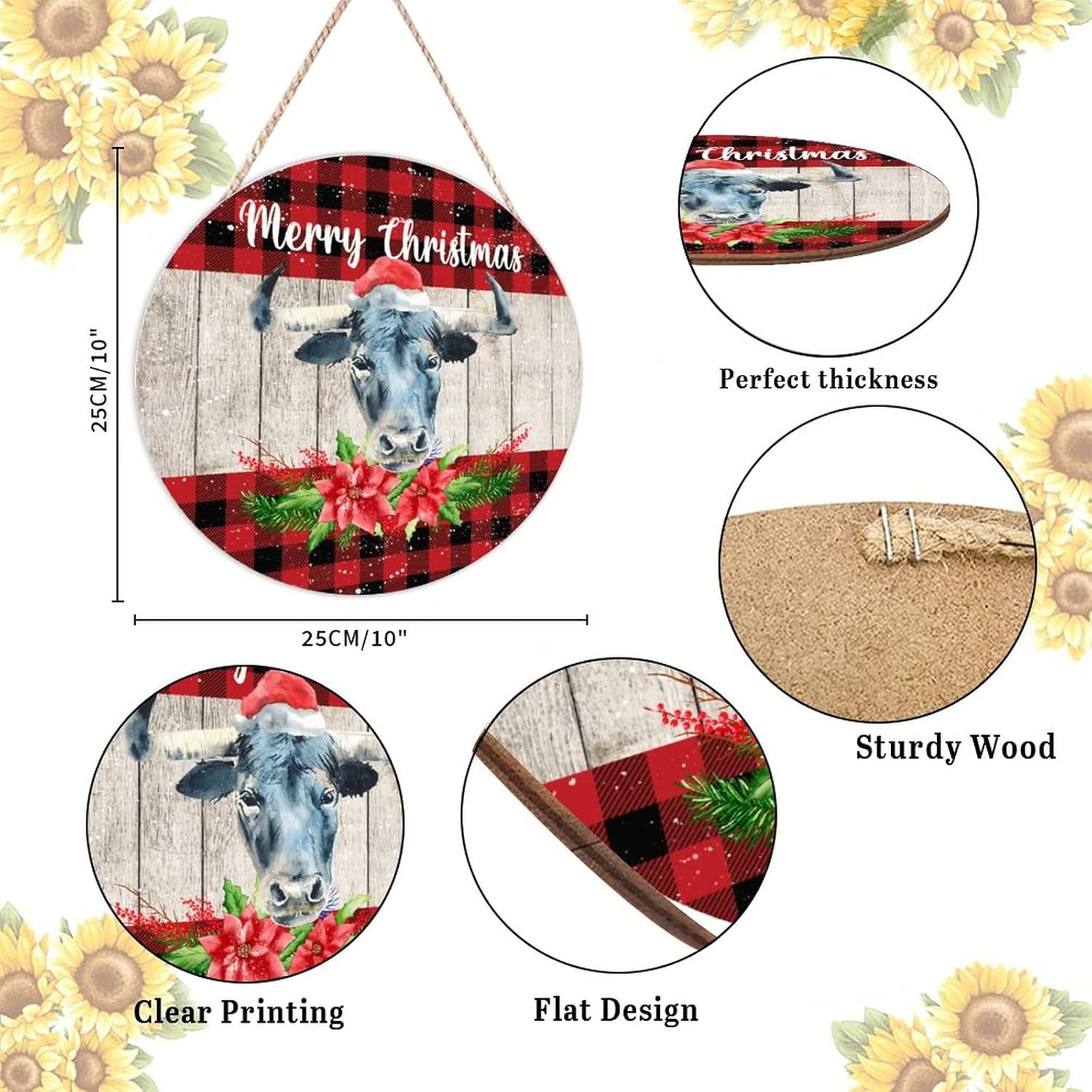 Farmhouse Door Hanger Christmas Cow Red Buffalo Plaid Wood Sign