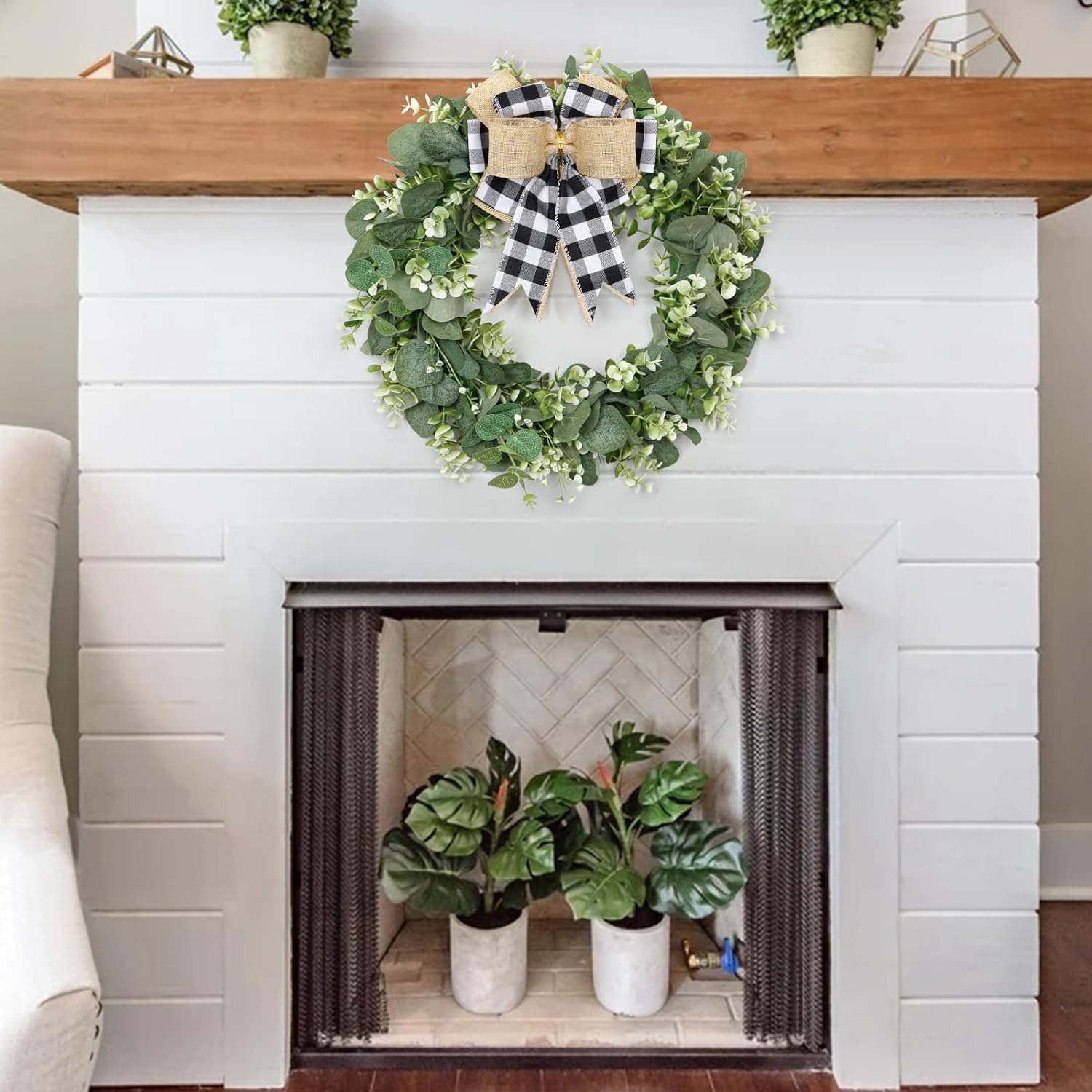 Dremisland Buffalo Plaid Wreath 16 Inch Artificial Eucalyptus Wreath with Plaid Bow