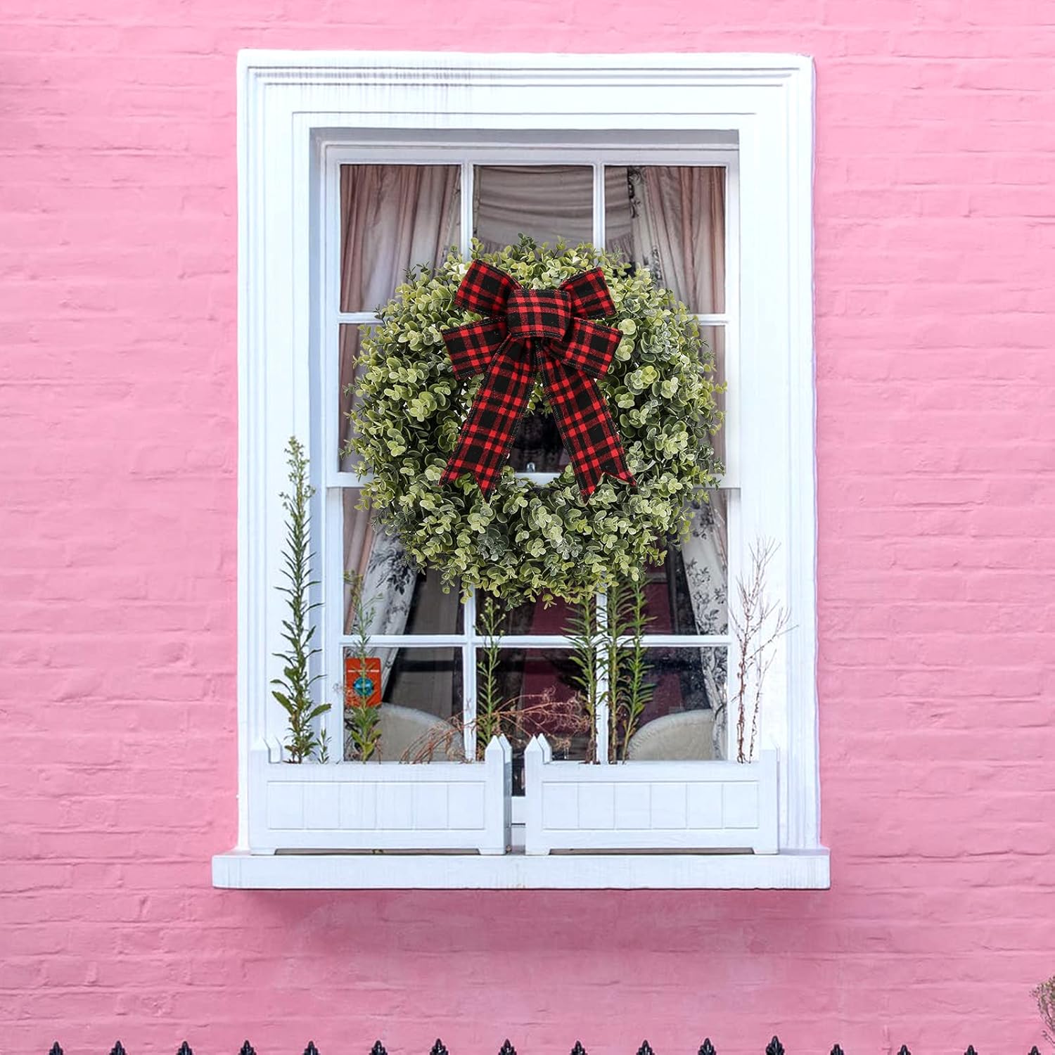 KuiMen 19 Inch Boxwood Wreath with 3 Bows