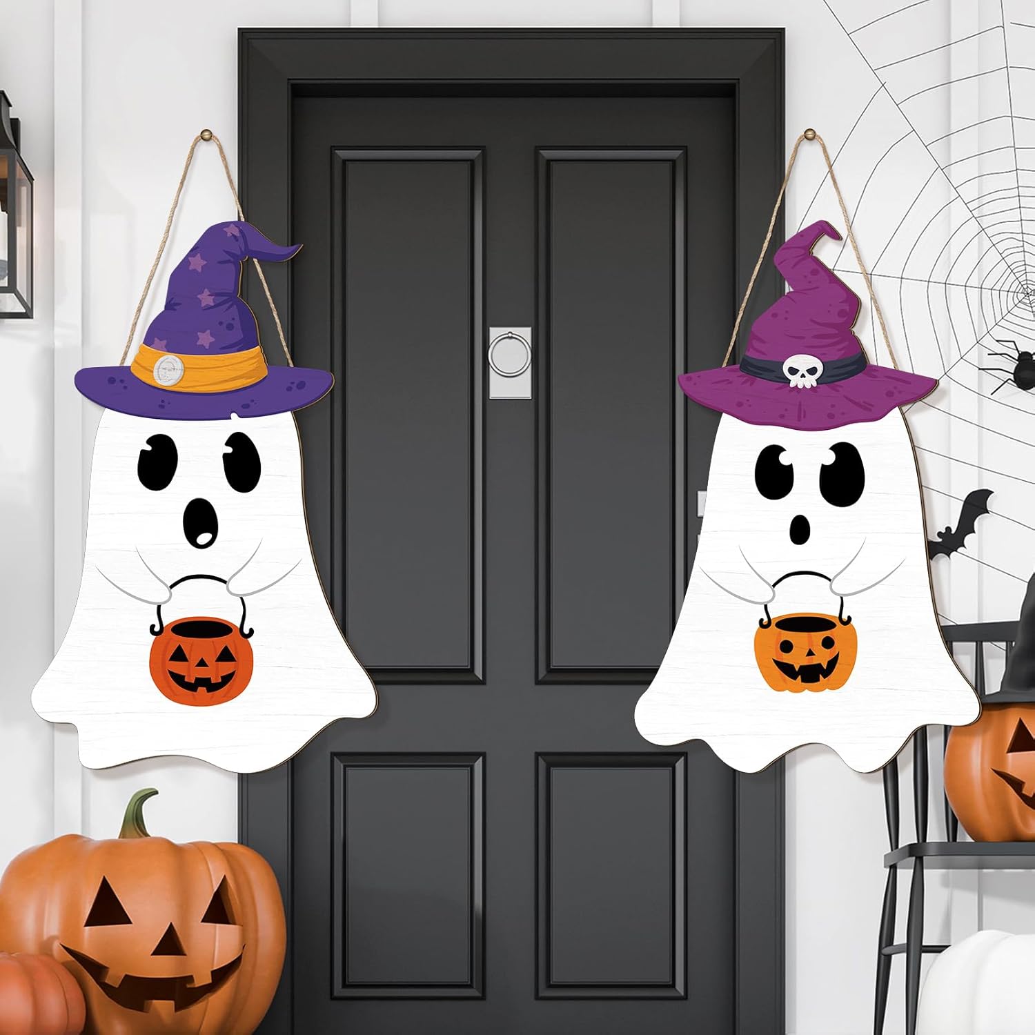 Shellwei 2 Pcs Halloween Welcome Sign Ghost Door Decoration