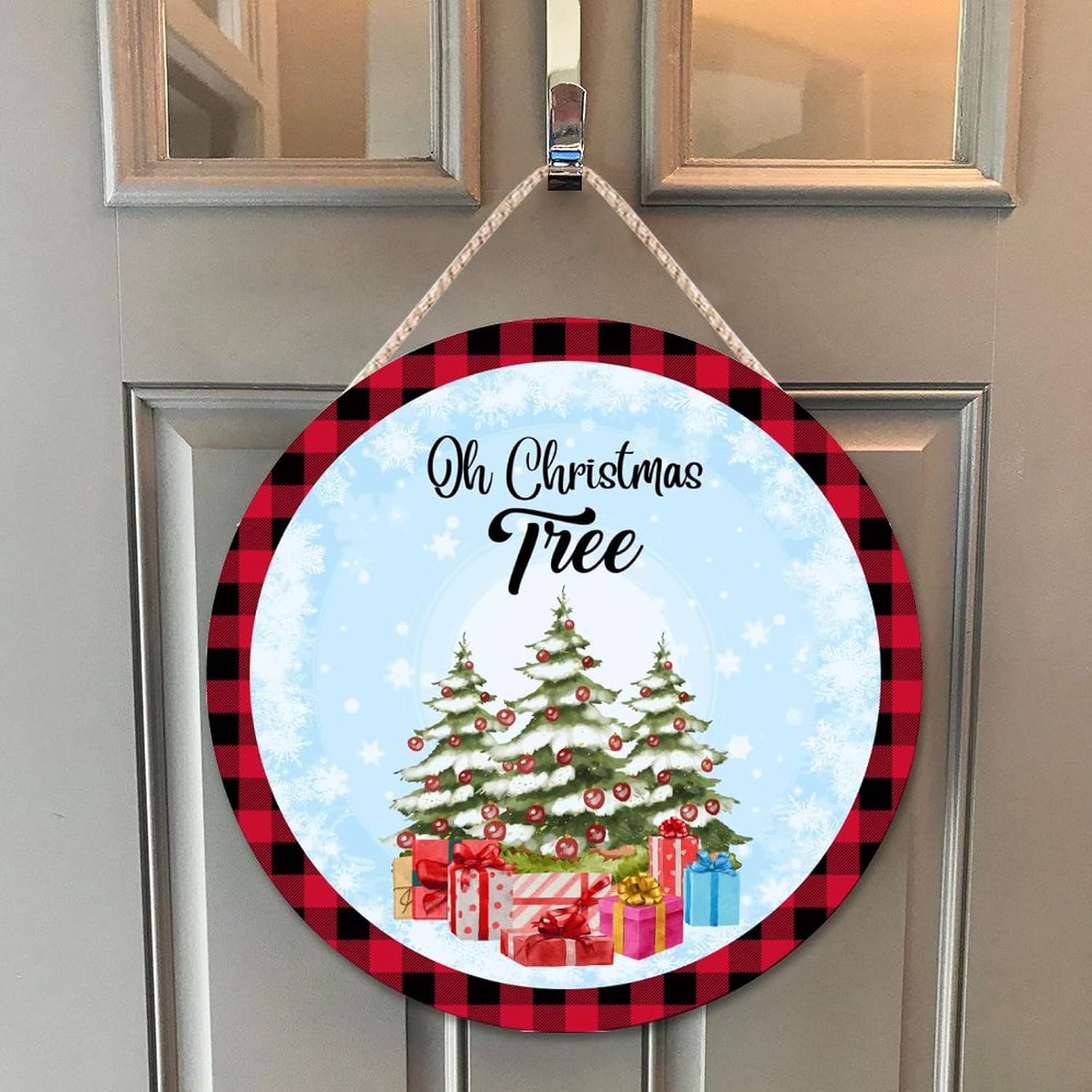 Farmhouse Front Door Hanger with Red Buffalo Plaid Wood Sign 10x10in