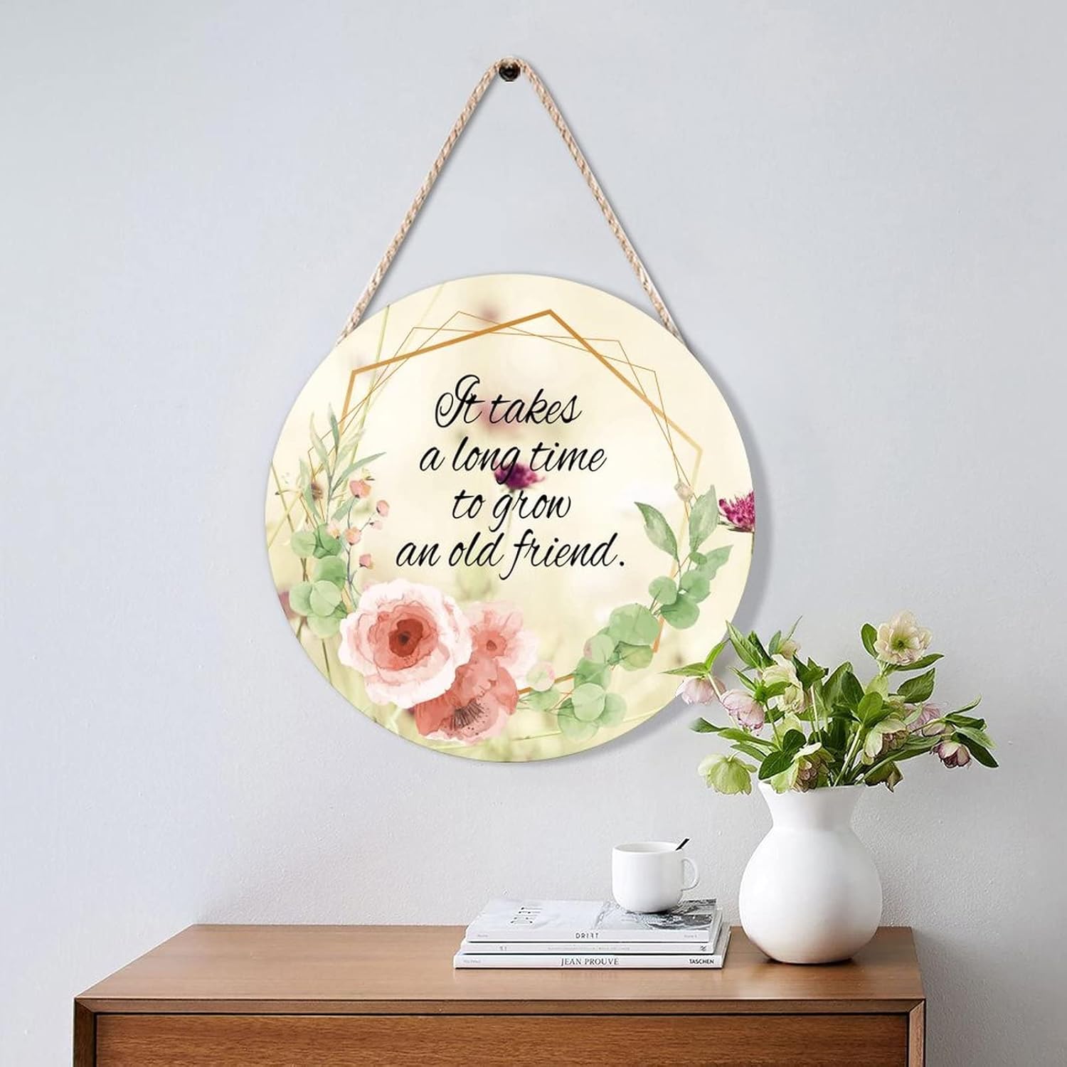 Farmhouse Door Hanger Floral Wreath 12x12in Wood Sign