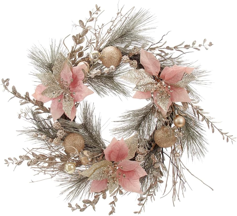 Kurt S Adler 20-Inch Champagne Gold Poinsettia Wreath Set