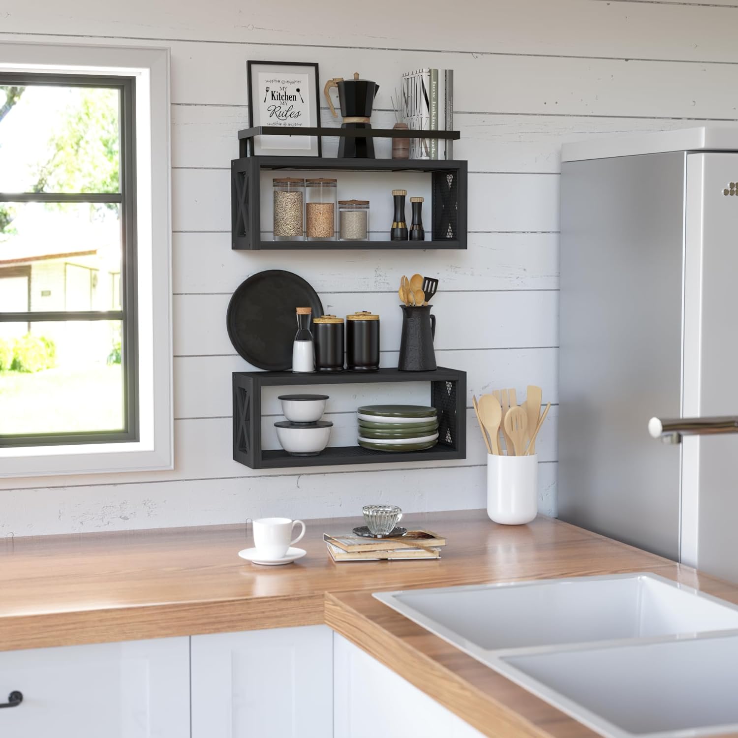 RICHER HOUSE Floating Shelves with Guardrail Black