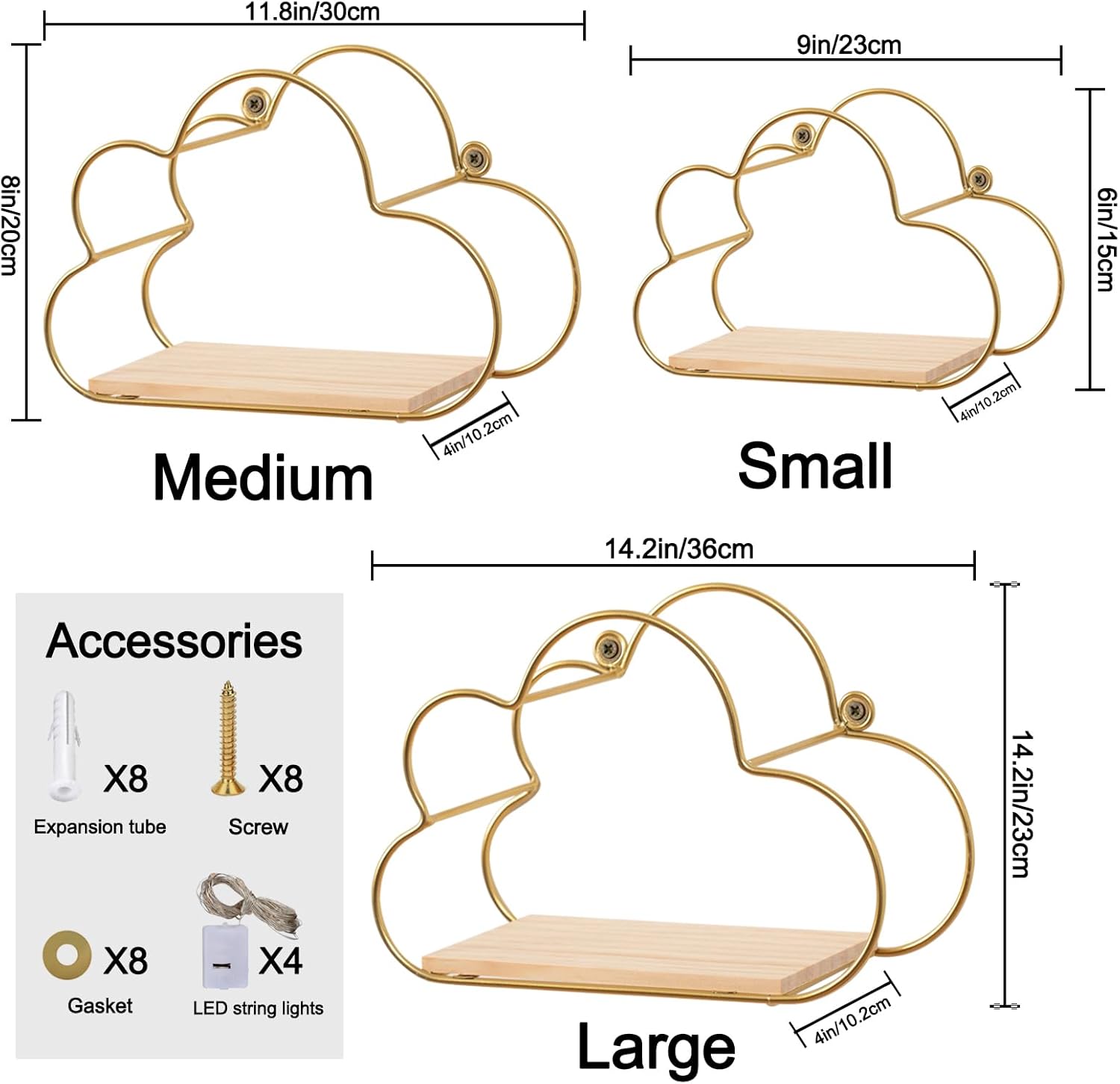 Golden Cloud Floating Shelves with LED Lights Set of 3