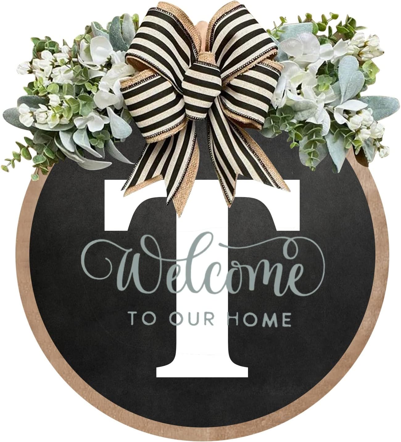 Unique Initial Last Name Round Front Door Wreath with Bow