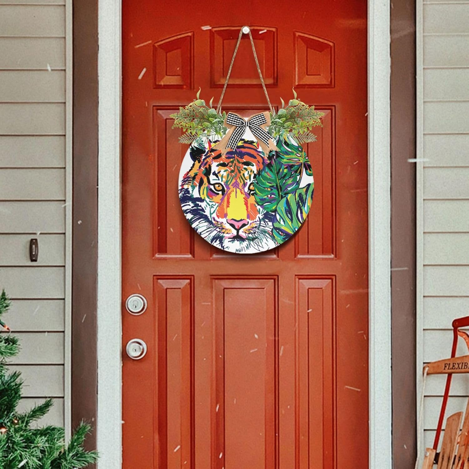Exnundod Welcome Door Sign Tiger Jungle Wreath