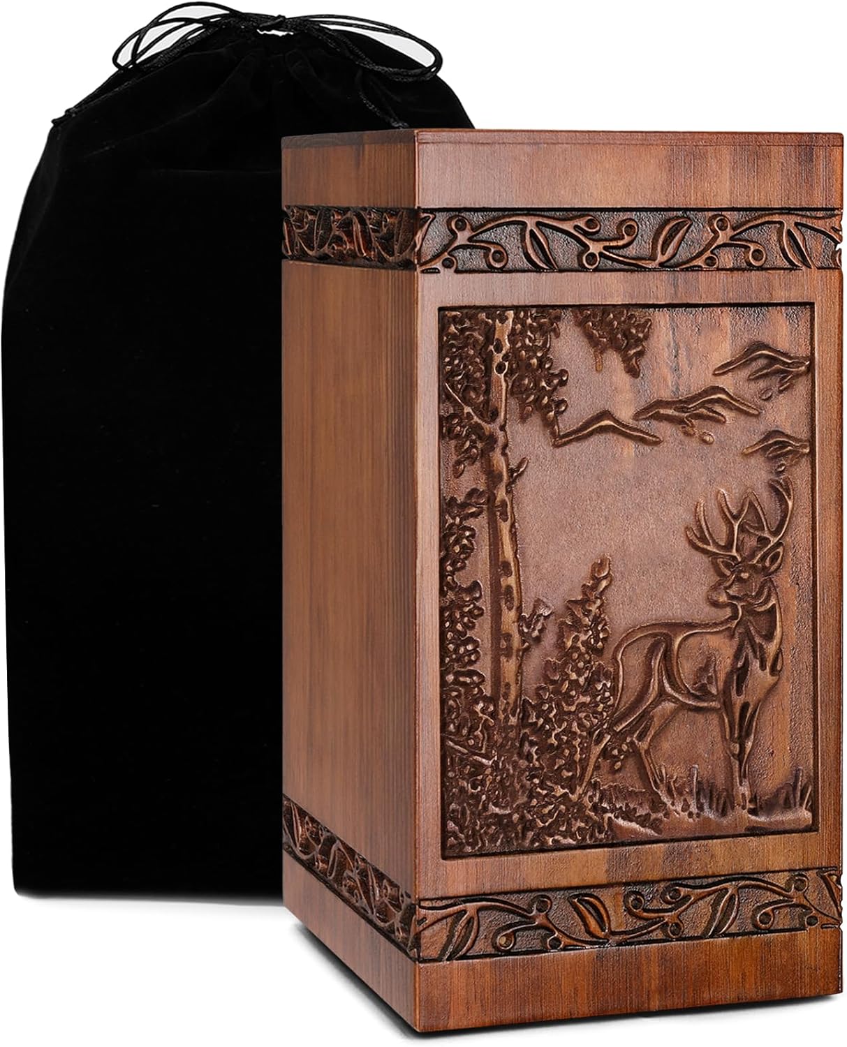 Wooden Cremation Urn with Engraved Deer Design