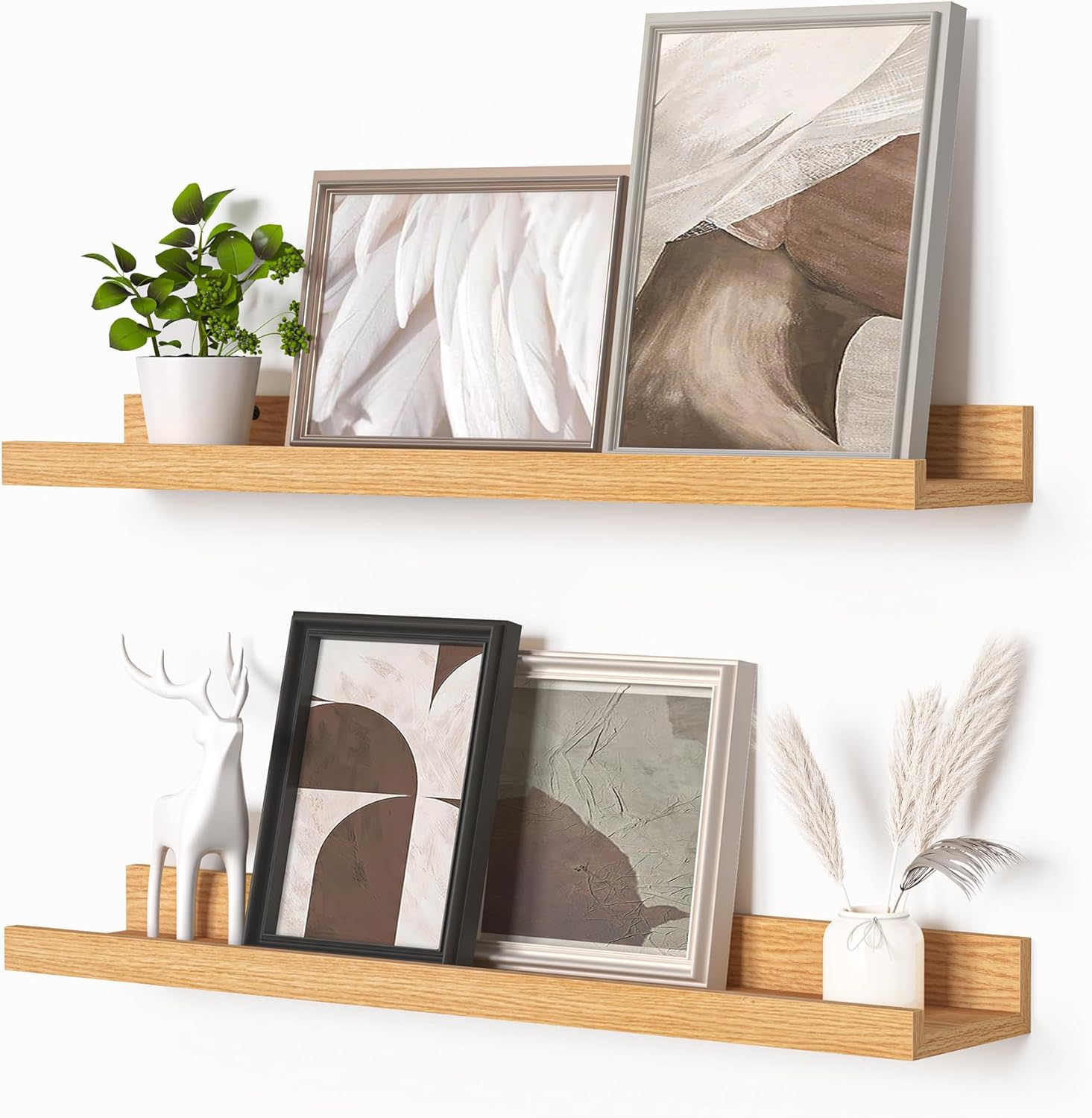 Heimlove Picture Ledge Shelf Set of 2 Natural Oak