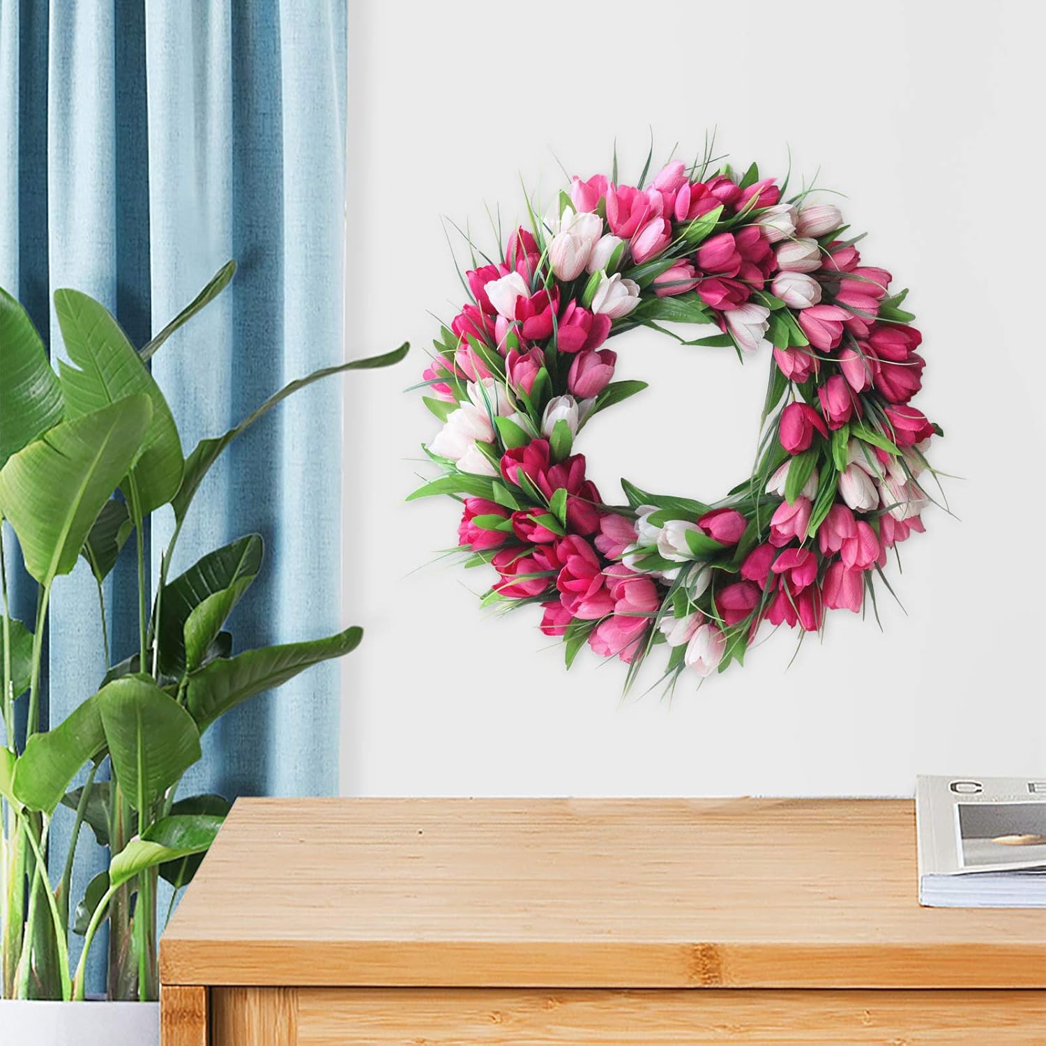 IUIBMI 20 Inches Artificial Door Wreath with Pink Tulips