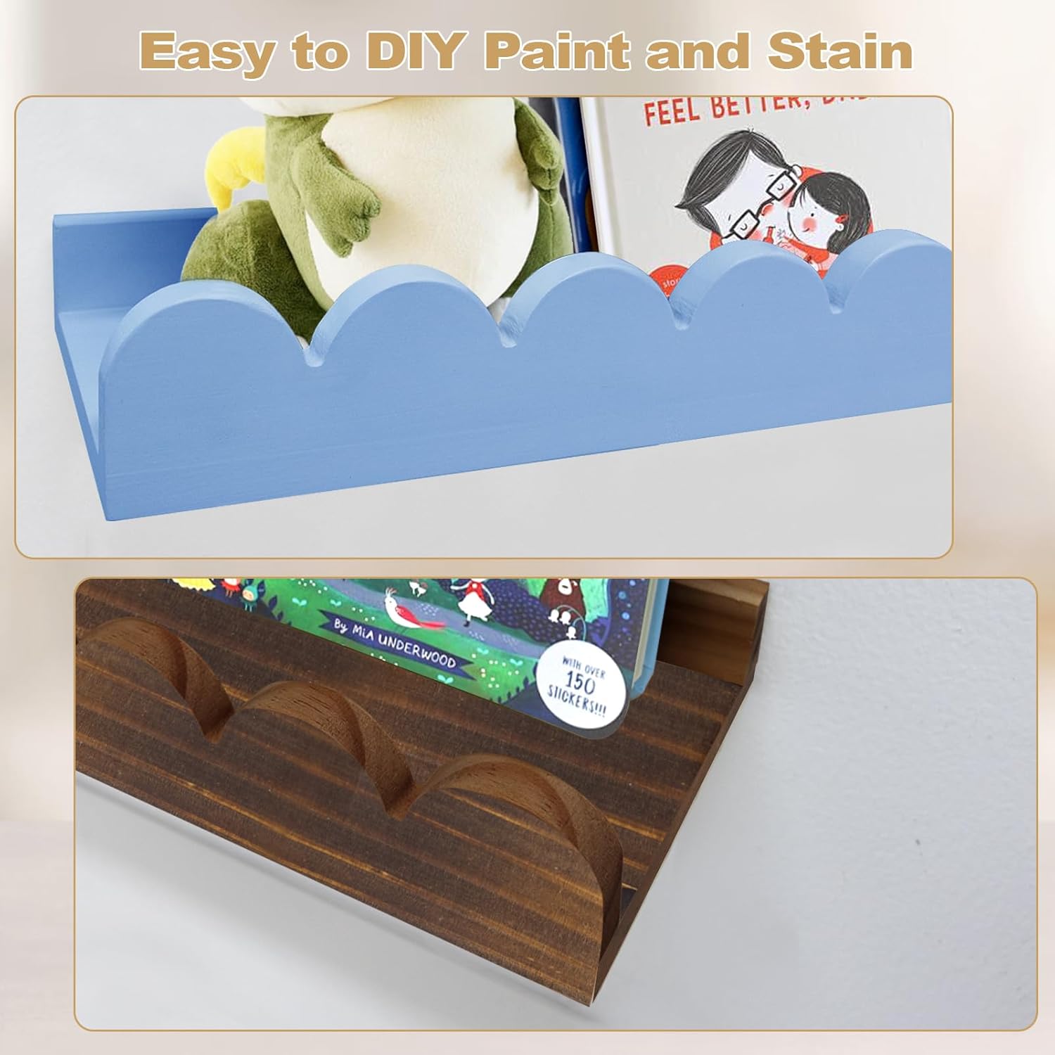 Floating Nursery Book Shelves with Hooks Set of 3 White