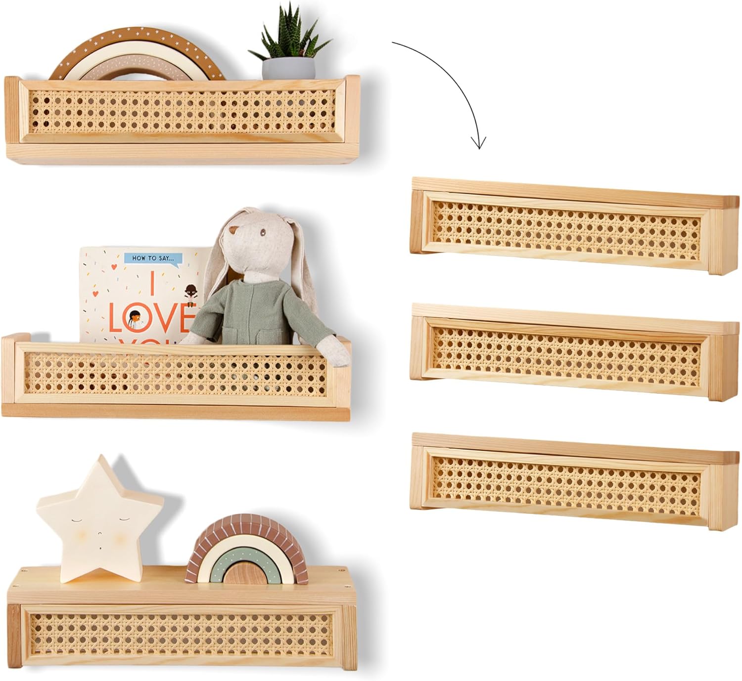 Good Bits Rattan Wall Shelf 3 Pack Floating Bookshelf