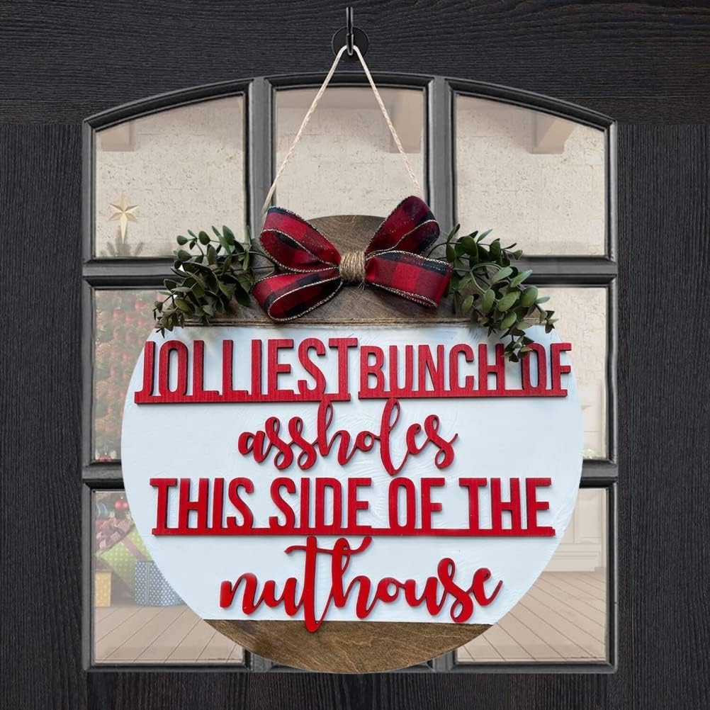 Festive Wooden Door Wreath with Linen Bow