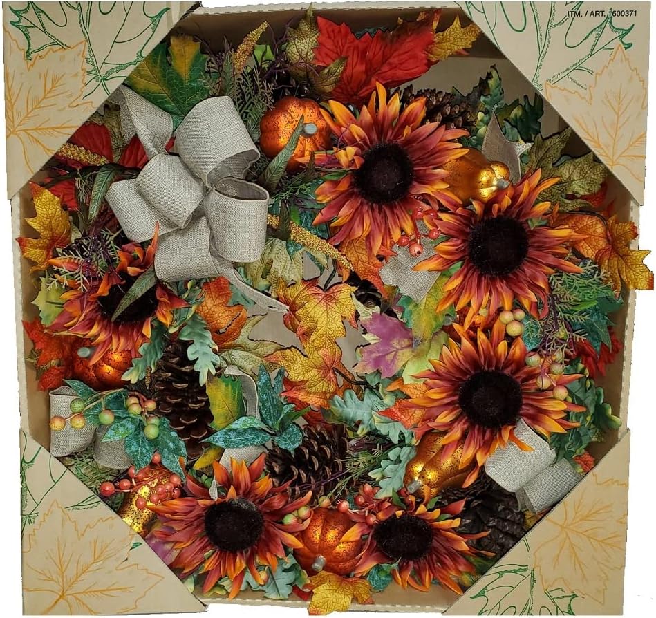 30 Inch Fall Harvest Decor Artificial Wreath with Orange Sunflowers