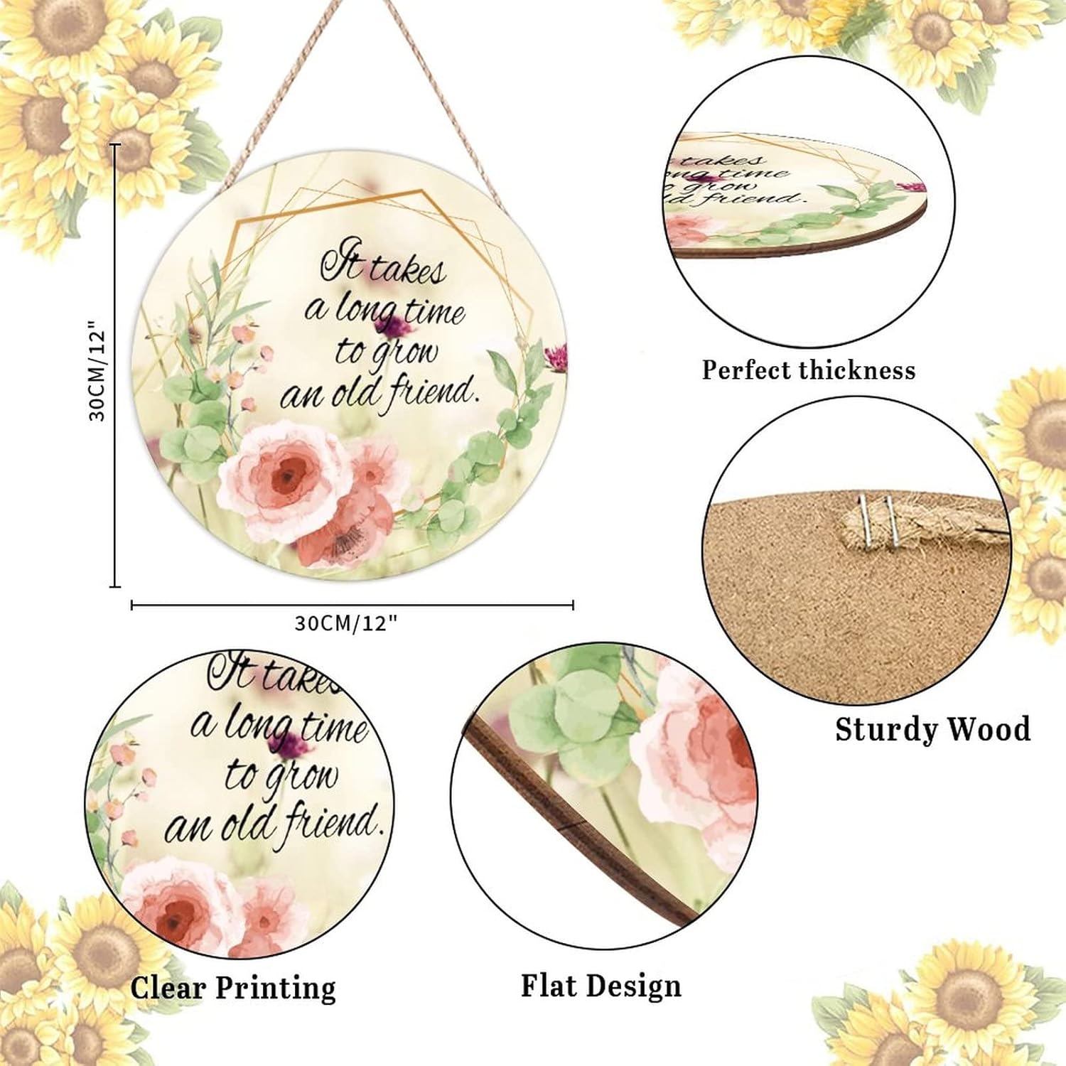 Farmhouse Door Hanger Floral Wreath 12x12in Wood Sign