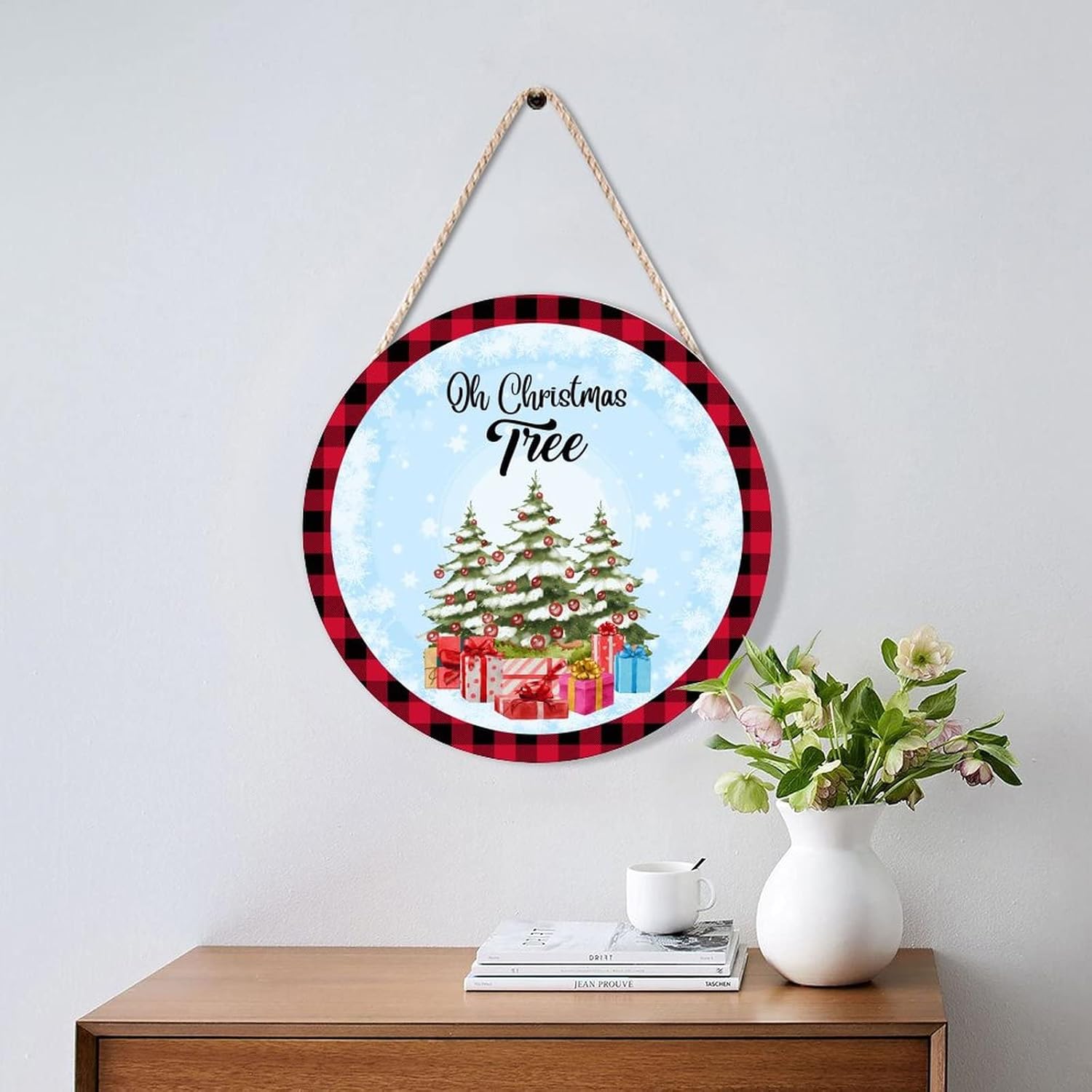 Farmhouse Front Door Hanger with Red Buffalo Plaid Wood Sign 10x10in