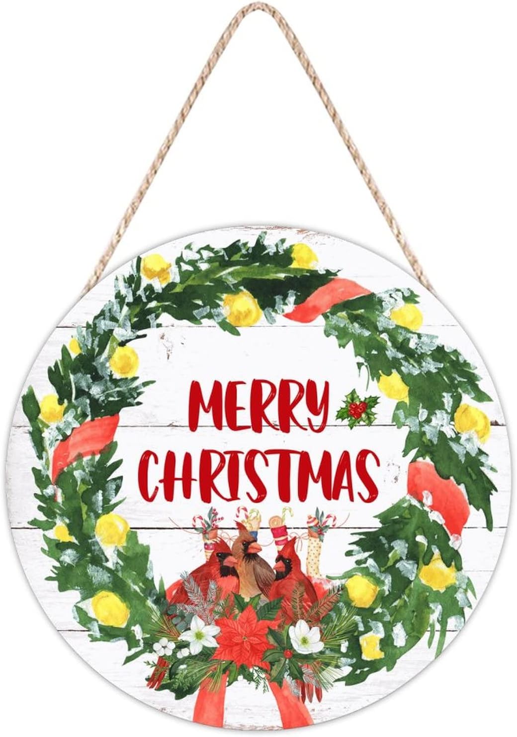 Farmhouse Front Door Hanger Red Birds Holly Wreath Christmas Wood Sign 1