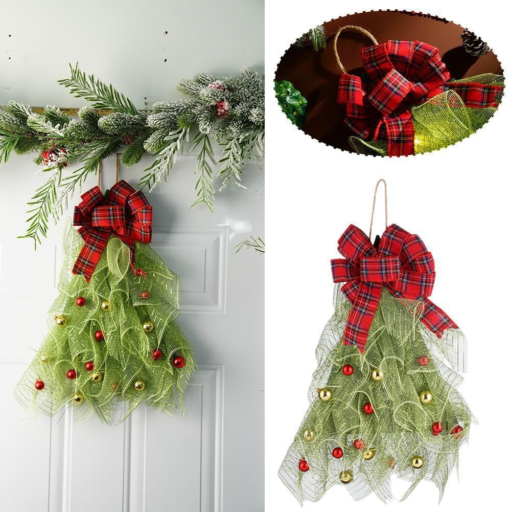 Handmade Christmas Wreath with Red Bow and Lights for Front Door