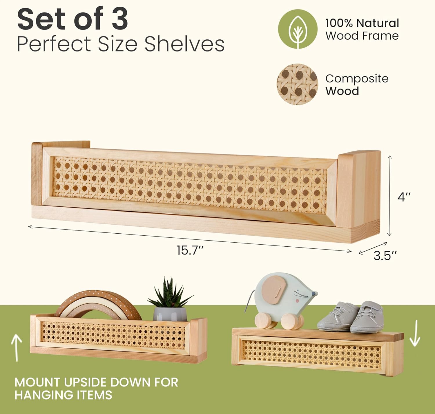 Good Bits Rattan Wall Shelf 3 Pack Floating Bookshelf