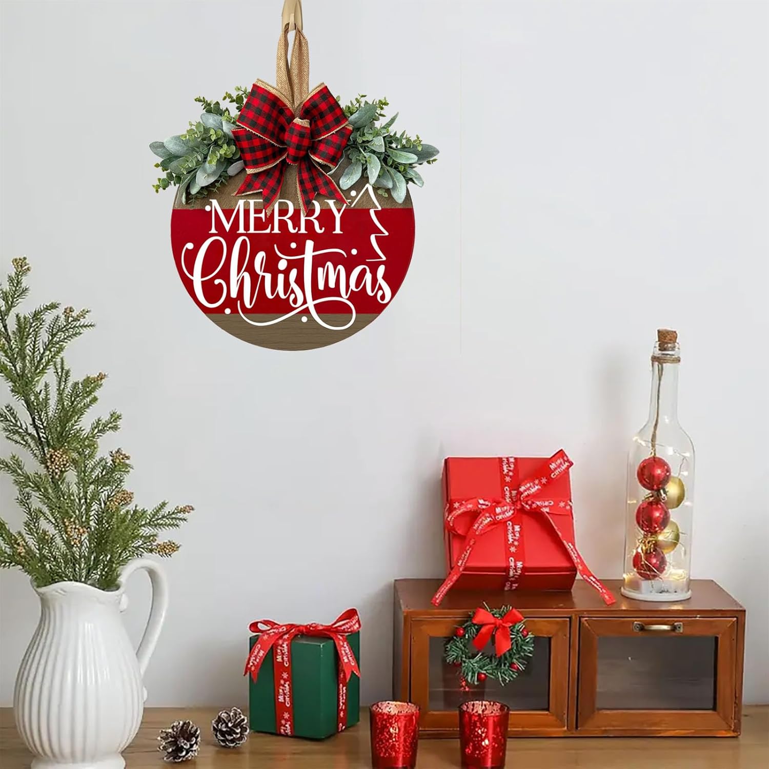 Red Plaid Christmas Welcome Door Sign with Deer and Snowflakes