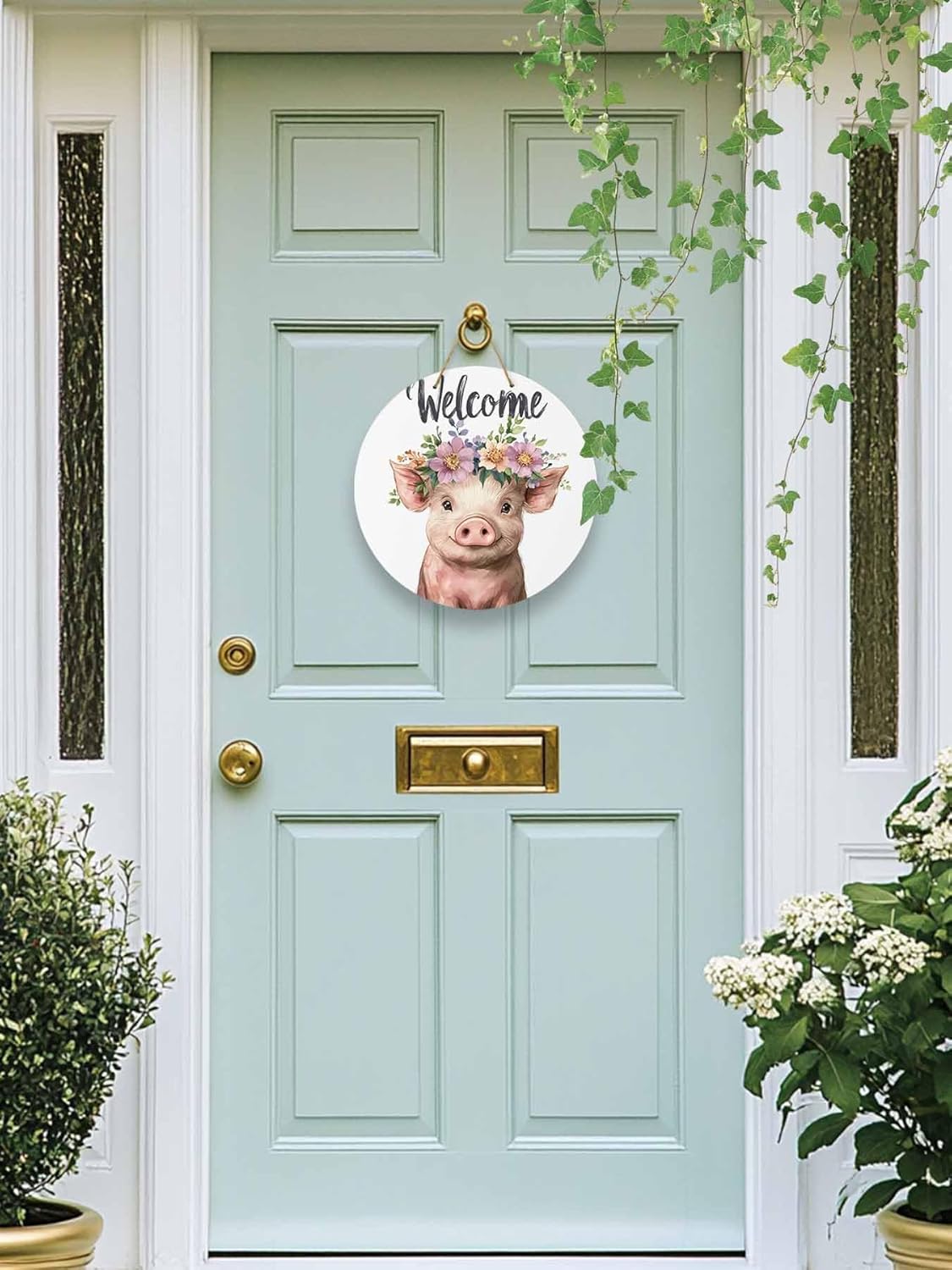 10 Inch Pink Pig Welcome Sign Wood Door Wreath