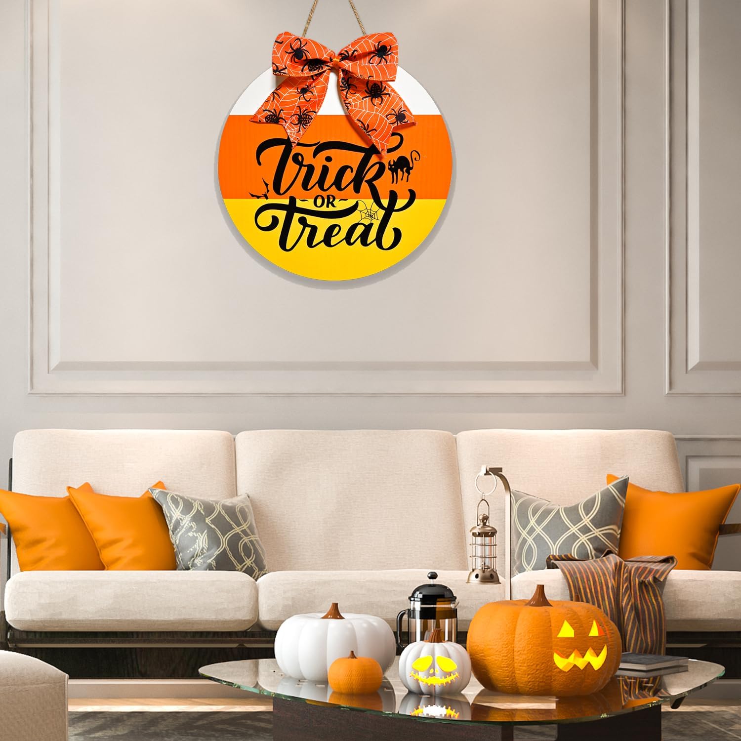 Trick or Treat Halloween Door Sign with Spider Web Pattern