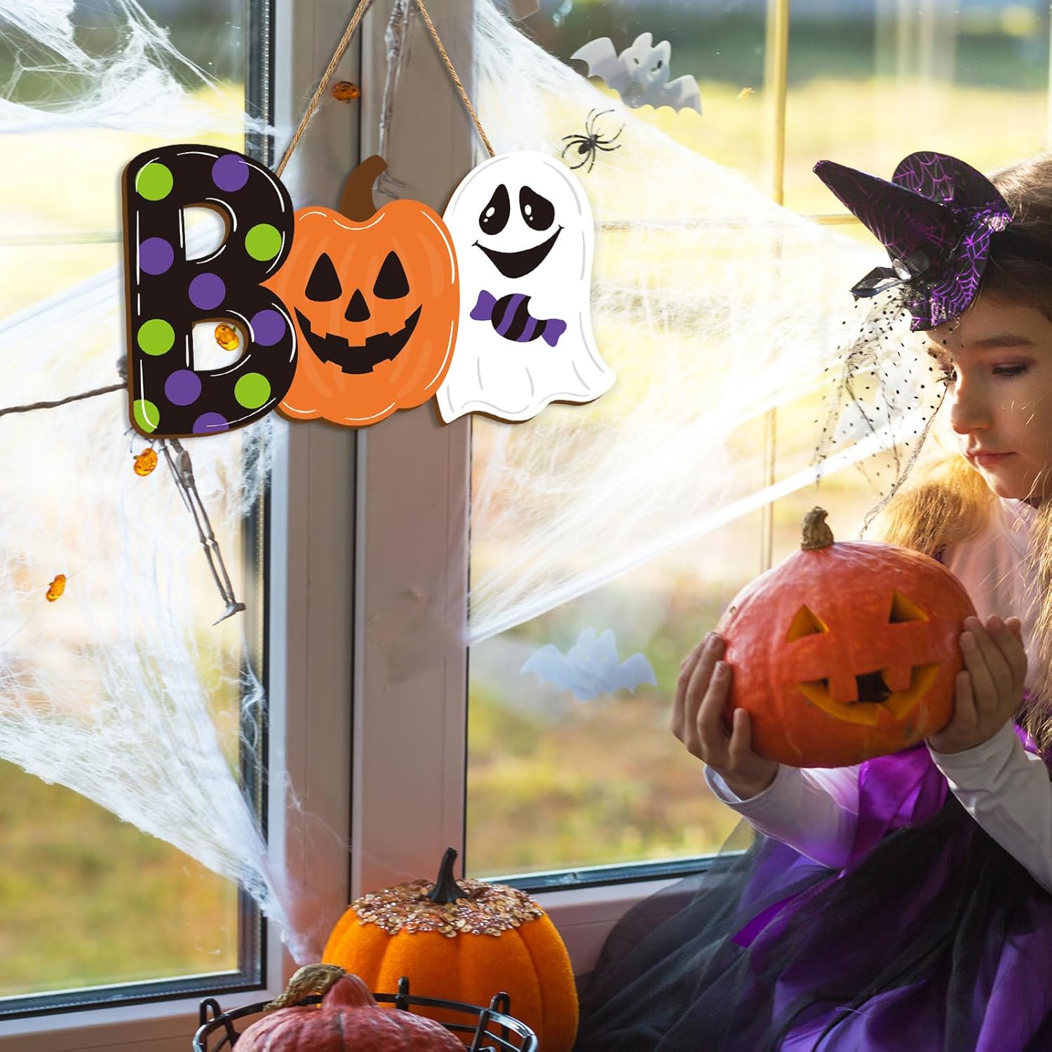 Halloween Wooden Door Hanger with Ghost and Pumpkin Design