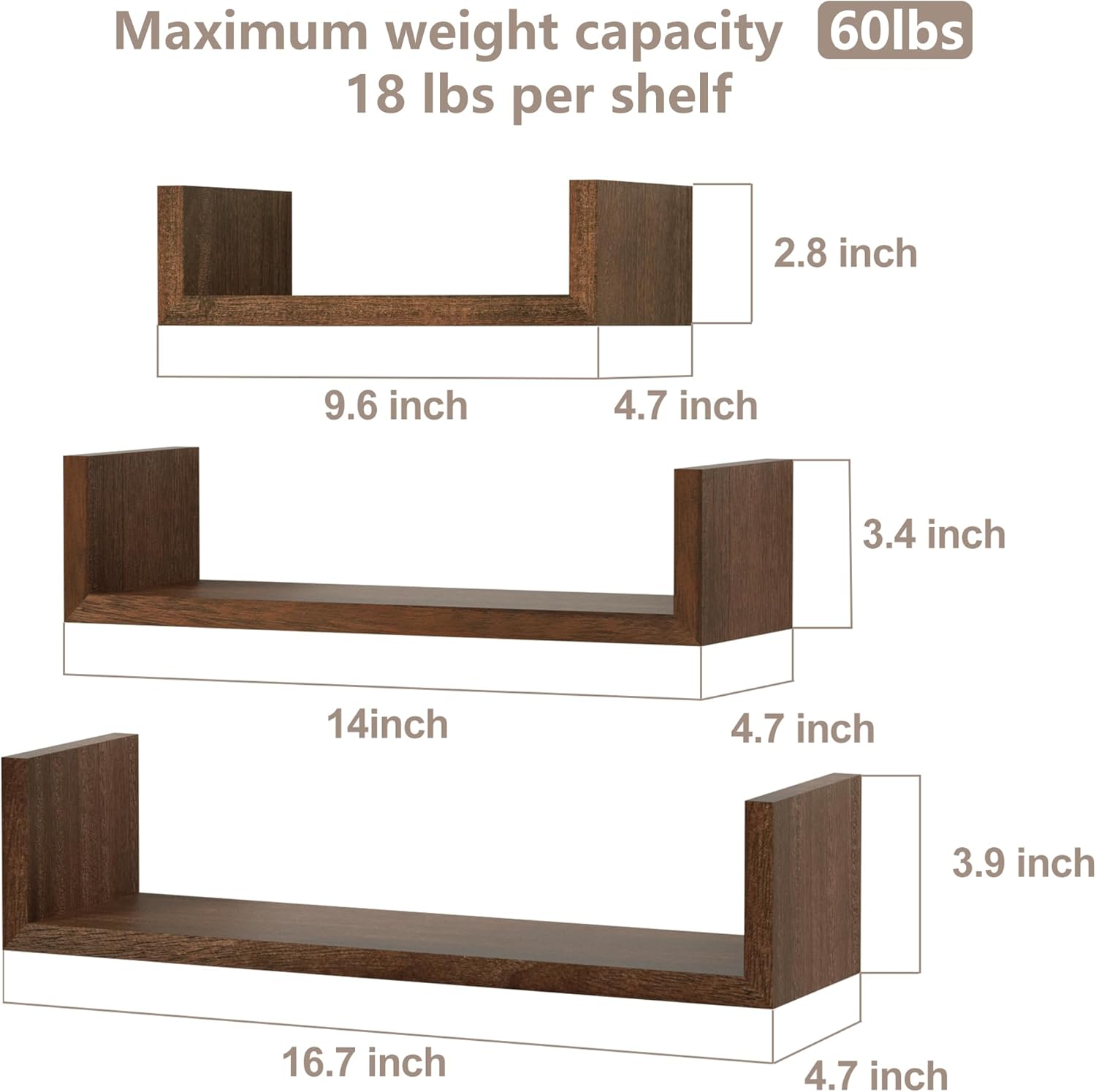 SRIWATANA Floating Wall Shelves Set of 3 Dark Brown