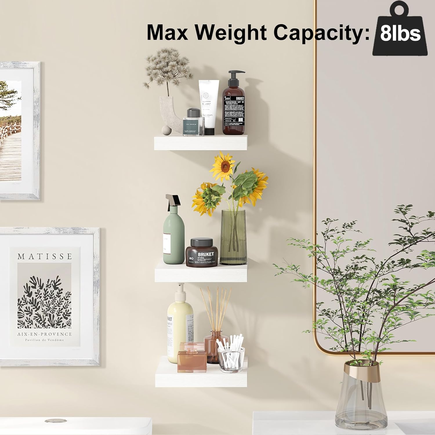 Fixwal 8in Floating Shelves Set of 3 Wall Mount Decor