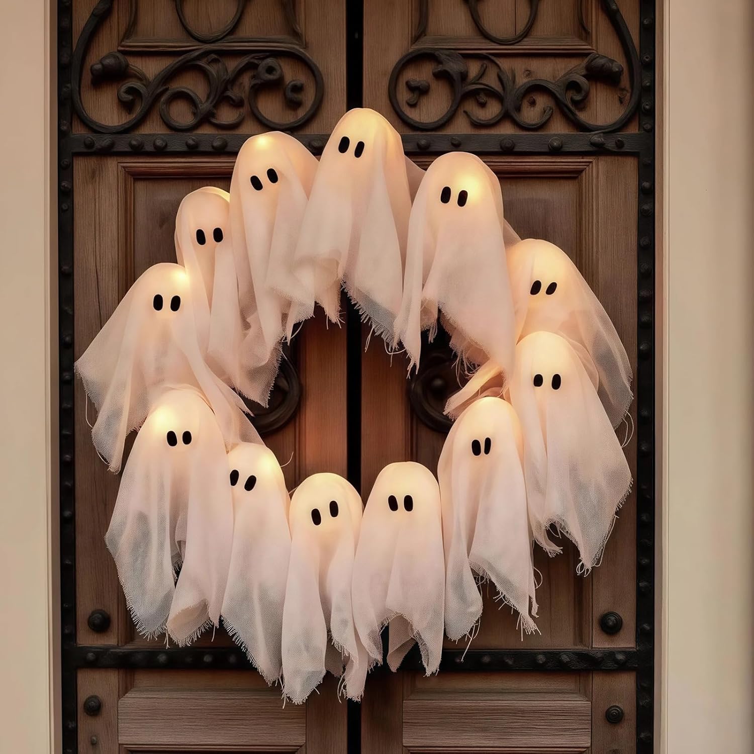 Lit Ghosts Wreath Halloween Decor Front Door