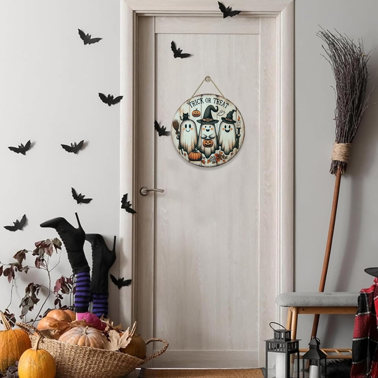 Spooky Halloween Door Sign with Ghost and Pumpkin Design