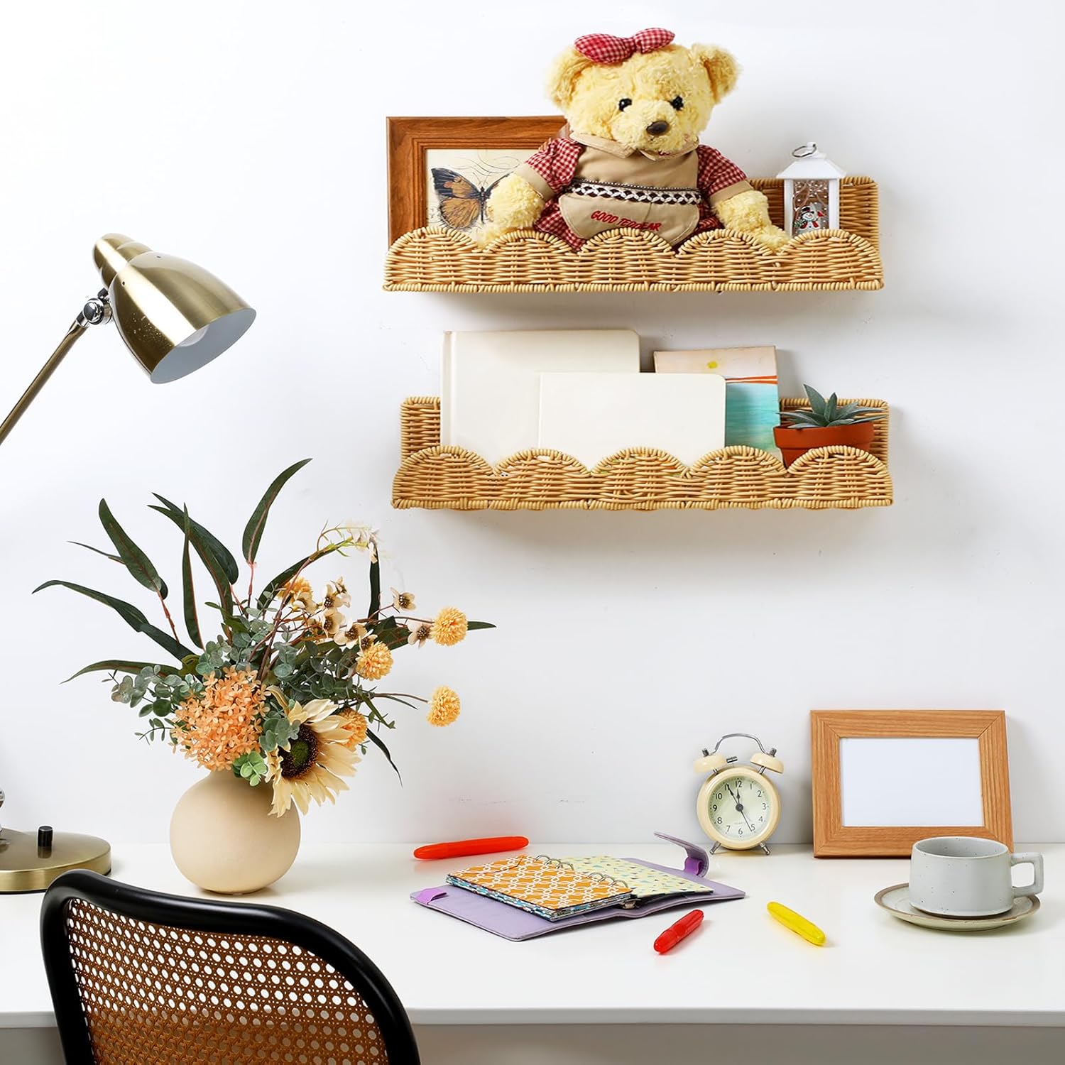 Pinkunn 4 Pcs Floating Rattan Bookshelves for Wall Mounting