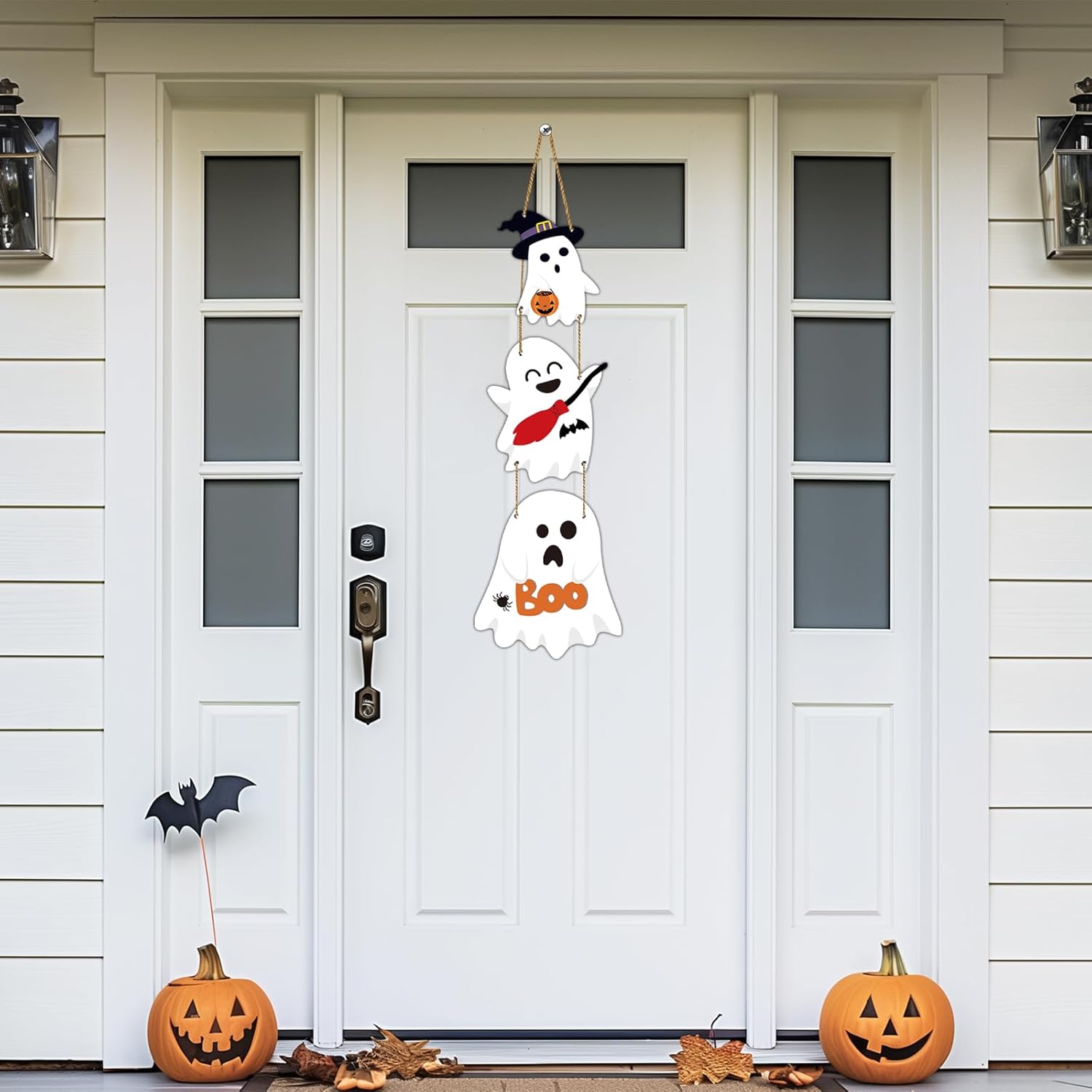 Cute Halloween Wreath with 3 Ghost Plaques Door Decor