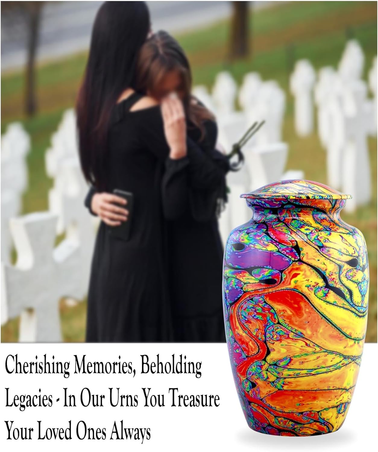 Modern Print Urn with Velvet Bag - Rainbow Tie Dye Cremation Urn